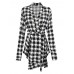 Women Lapel Long Sleeve Swallow Gird Pattern Belt Cardigan