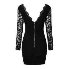 Deep V Lace Back Gold Zips Slim Long Sleeve Women Dress