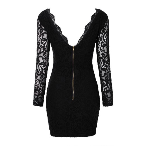 Deep V Lace Back Gold Zips Slim Long Sleeve Women Dress