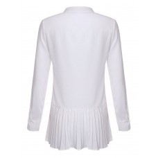 Women White Casual Long Sleeve Pleated Chiffon Blouse