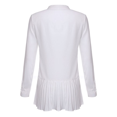 Women White Casual Long Sleeve Pleated Chiffon Blouse