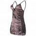 Women Sexy Deep V Leopard Printed Nightdress Side Hollow Mesh Spaghetti Straps Sleepwear