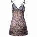 Women Sexy Deep V Leopard Printed Nightdress Side Hollow Mesh Spaghetti Straps Sleepwear