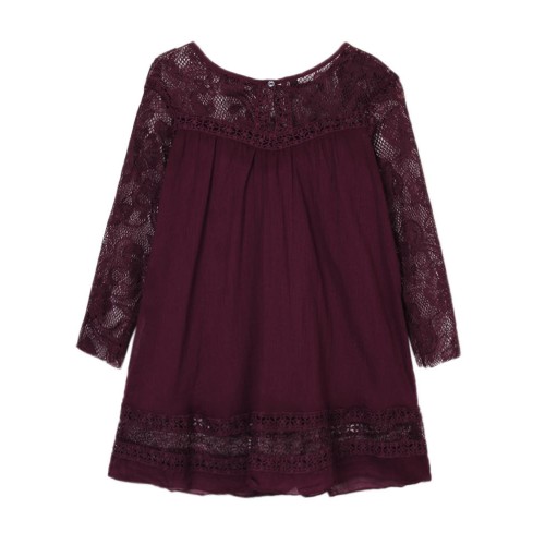 Casual Women Vintage Lace Stitching 3/4 Sleeve Shirt Dress