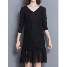 Vintage Lace V-Neck Long Sleeve Thick Velvet Women Dress