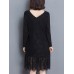 Vintage Lace V-Neck Long Sleeve Thick Velvet Women Dress