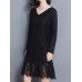 Vintage Lace V-Neck Long Sleeve Thick Velvet Women Dress