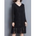 Vintage Lace V-Neck Long Sleeve Thick Velvet Women Dress