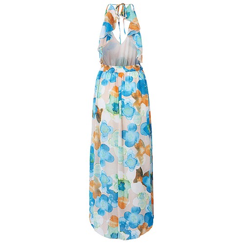 Women Chiffon V-Neck Spaghetti Strap Backless Floral Printed Maxi Dress