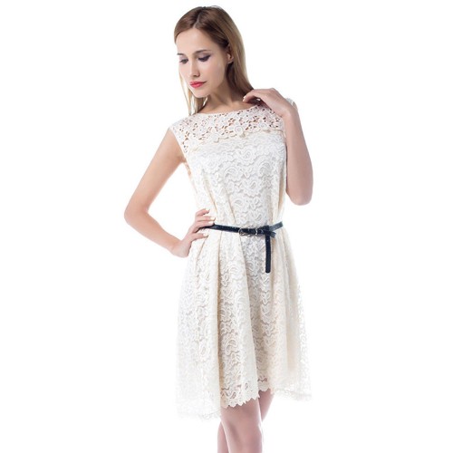 Women Lace Crochet Solid Color Sleeveless Casual MIni Dresses