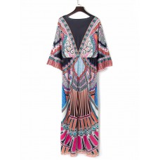 Bohemian Sexy V-Neck Half Sleeve Floral Printed Maxi Dresses For Women