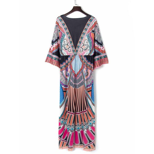 Bohemian Sexy V-Neck Half Sleeve Floral Printed Maxi Dresses For Women