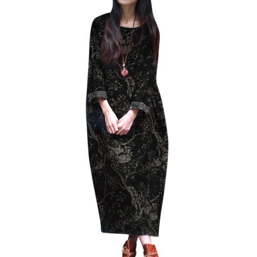 Retro Women Floral Printed Long Sleeve Loose Maxi Dresses