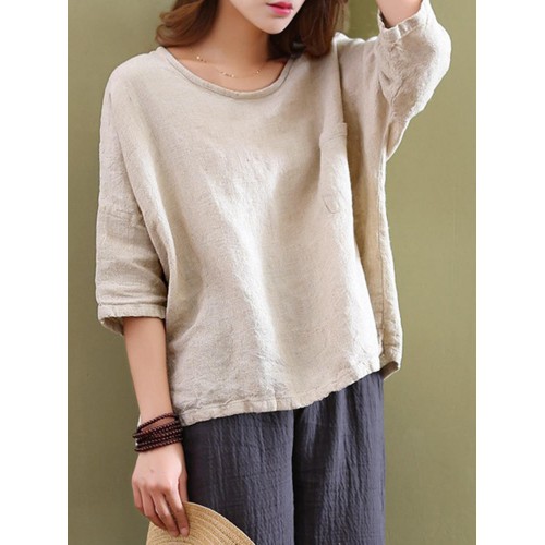 Casual Women Pure Color Pocket 3/4 Sleeve Cotton Tops