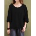 Casual Women Pure Color Pocket 3/4 Sleeve Cotton Tops