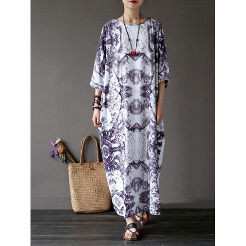 Casual Women Random Floral Printing Batwing Sleeve Maxi Dresses