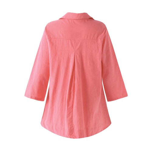 Loose Women Pure Color V-Neck Lapel Pocket Basic Shirt