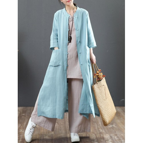 Women Vintage Stand Collar Casual Loose Shirt Cardigans Outwears Coats