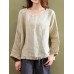 S-5XL Women Plate Buckle Crew Neck Solid Color Cotton Blouse