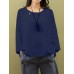 S-5XL Women Plate Buckle Crew Neck Solid Color Cotton Blouse