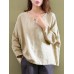 S-5XL Women Plate Buckle Crew Neck Solid Color Cotton Blouse