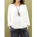 S-5XL Women Plate Buckle Crew Neck Solid Color Cotton Blouse