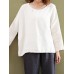 S-5XL Women Plate Buckle Crew Neck Solid Color Cotton Blouse