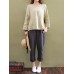 S-5XL Women Plate Buckle Crew Neck Solid Color Cotton Blouse