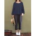 S-5XL Women Plate Buckle Crew Neck Solid Color Cotton Blouse