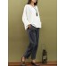 S-5XL Women Plate Buckle Crew Neck Solid Color Cotton Blouse