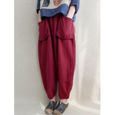 Women High Elastic Waist Pockets Solid Color Pants