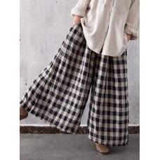 Women Casual Plaid Cotton Wide Leg Pants Elastic Waist Harem Trousers