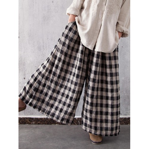 Women Casual Plaid Cotton Wide Leg Pants Elastic Waist Harem Trousers