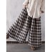 Women Casual Plaid Cotton Wide Leg Pants Elastic Waist Harem Trousers