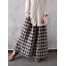 Women Casual Plaid Cotton Wide Leg Pants Elastic Waist Harem Trousers