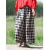 Women Casual Plaid Cotton Wide Leg Pants Elastic Waist Harem Trousers