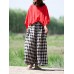 Women Casual Plaid Cotton Wide Leg Pants Elastic Waist Harem Trousers