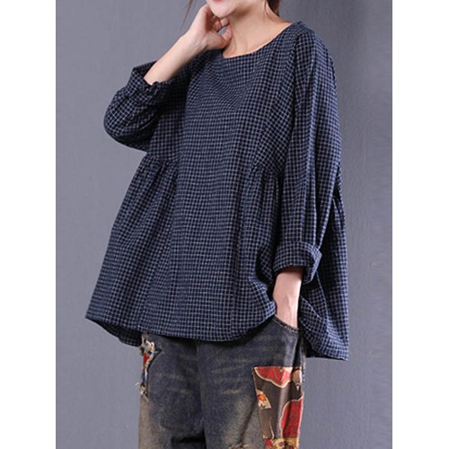 Women Vintage Long Sleeve Crewneck Plaid Loose Blouse