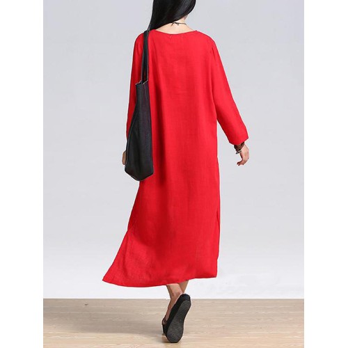 Women Casual Pure Color Long Sleeve Cotton Asymmetric Blouse