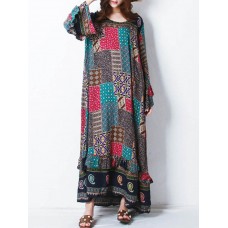 Retro Women Random Printed Patchwork Boho Maxi Dress