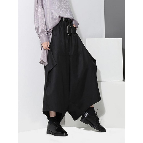 S-5XL Women Elastic Waist Pure Color Irregular Wide Leg Pants