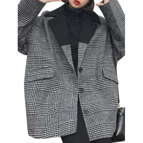 Loose Women Long Sleeve Button Patchwork Houndstooth Tweed Wool Blazer