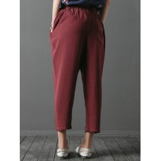 Vintage Embroidery Pocket Loose Elastic Waist Women Pants