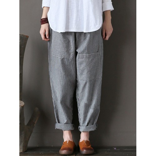 Women Stripe Elastic Waist Casual Loose Harem Pants