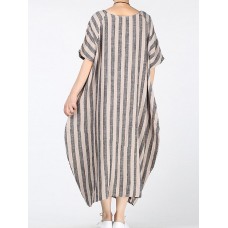 M-5XL Women Stripe Crew Neck Short Sleeve Loose Baggy Dress