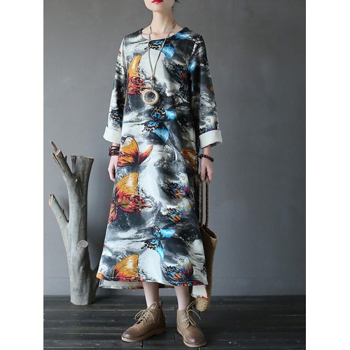 Vintage Women Butterfly Printed Long Sleeve Asymmetrical Sweatshirt Dress