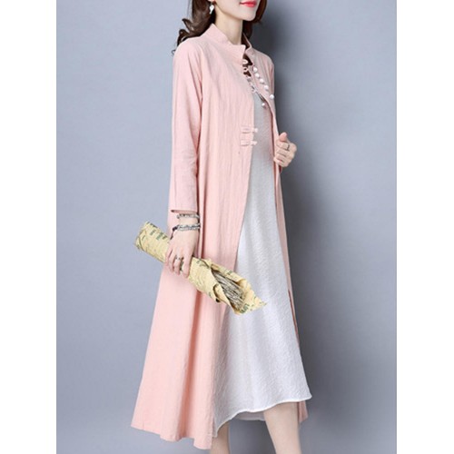 Gracila 2pcs Suit Women Vintage Stand Collar Solid Button Cardigan and Sleeveless Dress