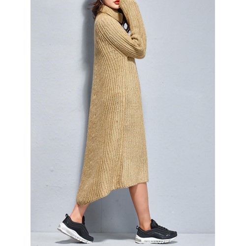 Casual Women Pure Color Turtleneck Long Sweater Dress