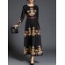 Elegant Women Floral Printed Long Sleeve O-Neck Maxi Swing Dress with Belt