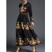 Elegant Women Floral Printed Long Sleeve O-Neck Maxi Swing Dress with Belt